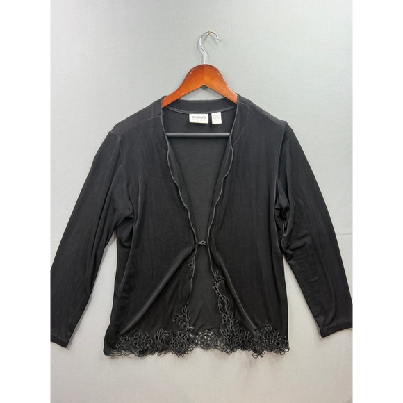 Chico's Sweaters - Chico's Travelers Cardigan Womens Black Crochet Lace Hem Hook Eye Size 1 M/L
